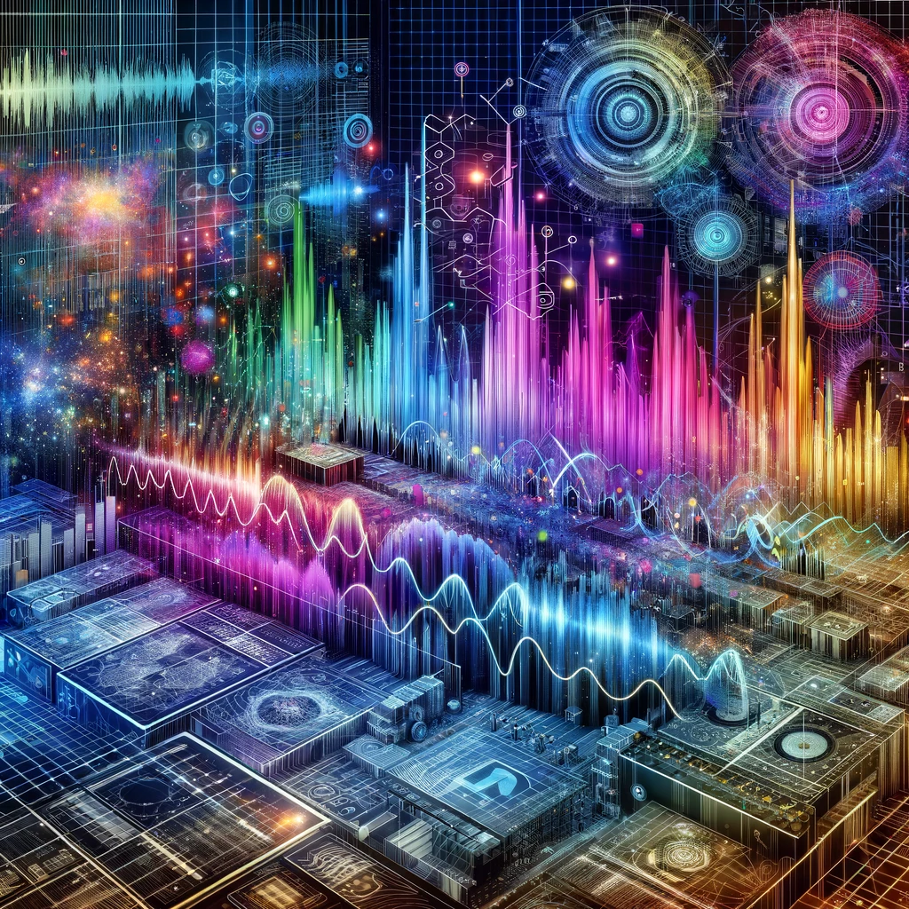 "An illustrated overview of sound feature extraction techniques, including spectrograms, mel-spectrograms, and MFCCs, set in a digital landscape indicative of advanced audio signal processing and machine learning concepts.